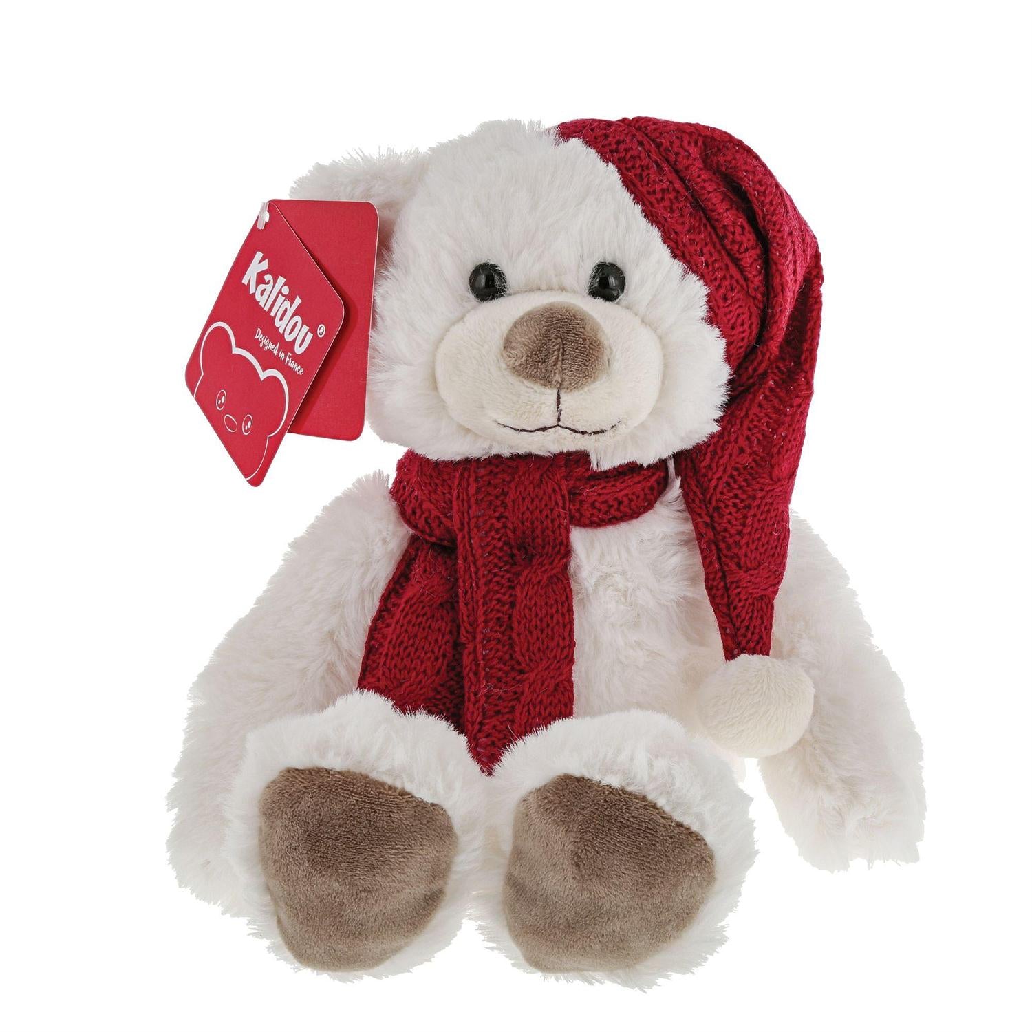 Kalidou - White Teddy with Red Hat & Scarf - 8"